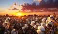 Breathtaking sunset over a vibrant cotton field, with warm sunlight bathing the fluffy cotton bolls in a golden hue against a