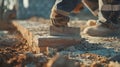 Generative AI Bricklayer laying brick on cement mix on construction site closeup Reduce the housing crisis by buil Royalty Free Stock Photo