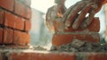 Generative AI Bricklayer laying brick on cement mix on construction site closeup Reduce the housing crisis by buil Royalty Free Stock Photo