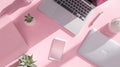 Generative AI bright feminine banner  header with a stylish workspace with laptop computer smartphone modern offic Royalty Free Stock Photo