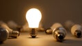Generative AI Bright Idea Illuminated Light Bulb Standing Out Among Dimmed Bulbs Symbolizing Innovation and Soluti Royalty Free Stock Photo
