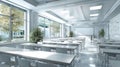 Generative AI Bright Modern Classroom Interior with Desks Large Windows and Blank Whiteboard for Educational Mocku Royalty Free Stock Photo