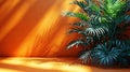 Generative AI Bright orange background with plant shadows for product or cosmetics. High quality photo business co