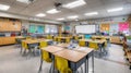 Generative AI Bright and Organized Elementary School Classroom Featuring Student Desks Whiteboard and Colorful Lea Royalty Free Stock Photo