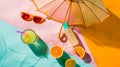 Generative AI Bright summer beach vacation or travel lifestyle concept flat lay with lemonade a sun umbrella sungl Royalty Free Stock Photo