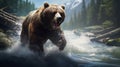 Generative AI. A brown bear came to a clear mountain river to get food, hunt and catch some fish. A predatory animal by Royalty Free Stock Photo