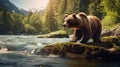 Generative AI. A brown bear came to a clear mountain river to get food, hunt and catch some fish. A predatory animal by Royalty Free Stock Photo