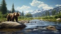 Generative AI. A brown bear came to a clear mountain river to get food, hunt and catch some fish. A predatory animal by Royalty Free Stock Photo