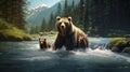 Generative AI. A brown bear with cubs came to a clear mountain river to hunt and catch some fish. A predatory animal Royalty Free Stock Photo