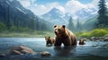 Generative AI. A brown bear with cubs came to a clear mountain river to hunt and catch some fish. A predatory animal Royalty Free Stock Photo