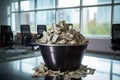 Generative AI a bucket full of paper money that is on a table Royalty Free Stock Photo