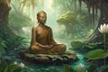 Generative AI: Buddha statue in the water with lotuses