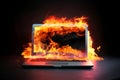 Generative Ai. Burning computer notebook: technology failure and data loss concept Royalty Free Stock Photo