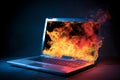 Generative Ai. Burning computer notebook: technology failure and data loss concept