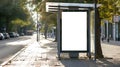 Generative AI bus shelter at busstop. blank white lightbox. empty billboard. bus shelter ad. glass and aluminum st