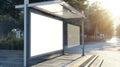 Generative AI bus shelter at busstop. blank white lightbox. empty billboard. bus shelter ad. glass and aluminum st