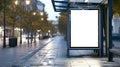 Generative AI bus shelter at busstop. blank white lightbox. empty billboard. bus shelter ad. glass and aluminum st Royalty Free Stock Photo