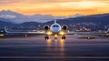 Generative AI A Business Jet Preparing for Takeoff at Sunset with Stunning Mountain View business concept. Royalty Free Stock Photo