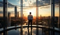 Businessman Contemplating Cityscape Through Floor-to-Ceiling Windows, Reflecting on Corporate Success in Modern Office Tower at