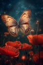 Butterflies flutter over a red poppy flower in 1690447845996 6 Royalty Free Stock Photo