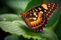 Generative AI: butterfly in a leaf, closeup beautiful and bright colors