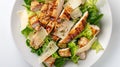 Generative AI Caesar salad with grilled chicken meat romaine and Parmesan shot from the top on a white background