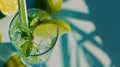 Generative AI Caipirinha Mojito cocktail vodka or soda drink with lime mint and straw on table background Refreshi Royalty Free Stock Photo