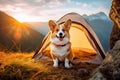 Generative AI camping in mountains with a dog. Red and white welsh corgi pembroke puppy is little traveler. Front view