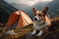 Generative AI camping in mountains with a dog. Red and white welsh corgi pembroke puppy is little traveler. Front view