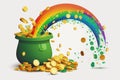 Generative AI cartoon of the pot of gold coins at the end of the rainbow Royalty Free Stock Photo