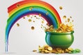 Generative AI cartoon of the pot of gold coins at the end of the rainbow Royalty Free Stock Photo