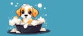 Generative AI cartoon-style illustration depicting a cute dog taking a bath full of soap suds. Copying space.