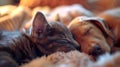 Generative AI Cat and dog sleeping together. Kitten and puppy taking nap. Home pets. Animal care. Love and friends Royalty Free Stock Photo