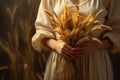 Generative AI Celiac disease and gluten intolerance, woman holding spikelet of wheat. Woman stands in field and holds