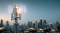 Generative AI Cell Tower Transmitting Signal with Cityscape Background representing Wireless Communication Technol Royalty Free Stock Photo