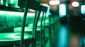 Generative AI Chairs in row in bar with green lights business concept. Royalty Free Stock Photo