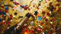 Generative AI Champagne bottle with confetti stars holiday decoration and party streamers on gold festive backgrou Royalty Free Stock Photo