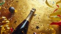 Generative AI Champagne bottle with confetti stars holiday decoration and party streamers on gold festive backgrou Royalty Free Stock Photo