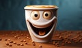 A cheerful coffee cup character with a beaming smile and eyes closed in delight, creating a playful and joyful representation of a