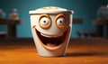 A cheerful coffee cup character with a beaming smile and eyes closed in delight, creating a playful and joyful representation of a