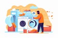 Generative AI Cheerful dark skinned man covered with pile of laundry has fun poses from inside of washing machine