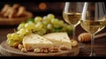 Generative AI Cheese plate with honey nuts and grape and white and red wine in glasses on a wooden background busi