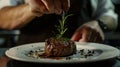 Generative AI Chef decorating a plate with freshly grilled meat Cooker adding a piece of rosemary with tweezers on