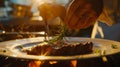 Generative AI Chef decorating a plate with freshly grilled meat Cooker adding a piece of rosemary with tweezers on