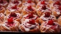 Generative AI Cherry filled Danish pastry baked good with white frosting zigzagging swirl tray of pastries busines Royalty Free Stock Photo