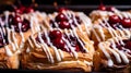 Generative AI Cherry filled Danish pastry baked good with white frosting zigzagging swirl tray of pastries busines Royalty Free Stock Photo