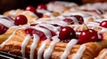 Generative AI Cherry filled Danish pastry baked good with white frosting zigzagging swirl tray of pastries busines Royalty Free Stock Photo