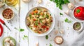 Generative AI Chicken Paella of arborio rice chicken fillet mushrooms julienned bell pepper and spices in white bo Royalty Free Stock Photo