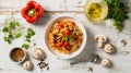 Generative AI Chicken Paella of arborio rice chicken fillet mushrooms julienned bell pepper and spices in white bo Royalty Free Stock Photo