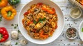 Generative AI Chicken Paella of arborio rice chicken fillet mushrooms julienned bell pepper and spices in white bo Royalty Free Stock Photo